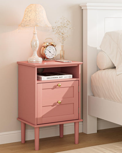 Nightstand, Boho Night Stand with 1 Drawer, Modern Side Accent Table with Open Shelf, Wooden Top Bedside End Table for Bedroom, Living Room, Walnut