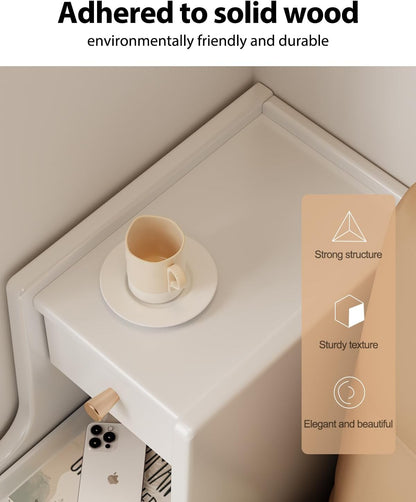Solid Wood Narrow Nightstand with 3 Drawers,Modern White,Fully Assembled
