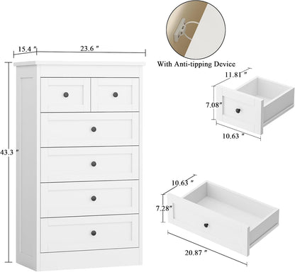 wanan Tall 6 Drawer Dresser for Bedroom, White Modern 43.3'' Tall Wood Chest of Drawers, Storage Organizer with Smooth Metal Rails & Anti-Tip Kit for Closet, Hallway, Living Room