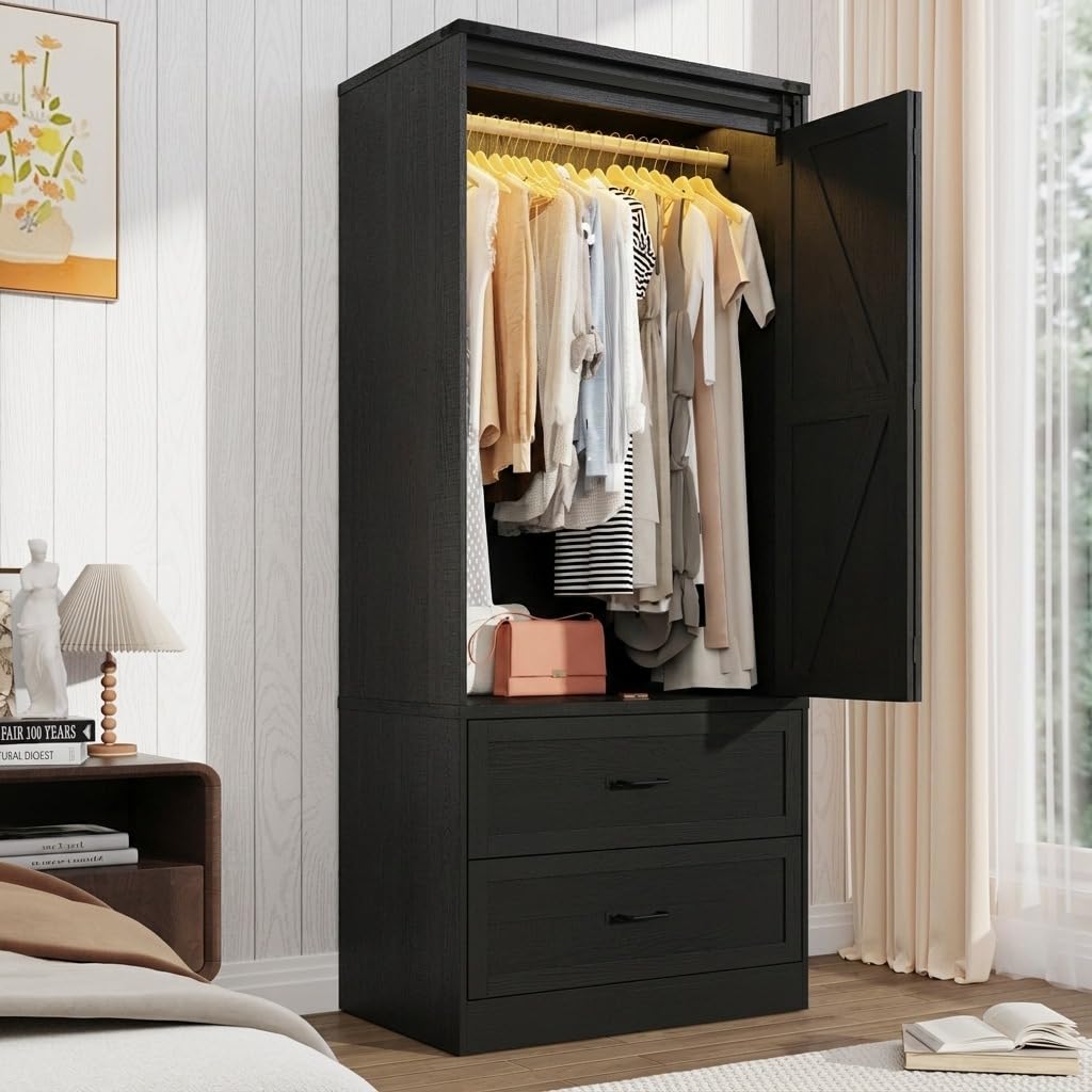 2 Doors Armoire Wardrobe Closet w/ Folding Sliding Barn Door,Rustic Black