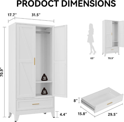 COFaR Wardrobe Closet, 71” Tall Metal Armoire with Hanging Rod, Adjustable Shelf & Drawer, Freestanding Steel Clothing Storage Cabinet with Doors for Bedroom, Office, Apartment (White)