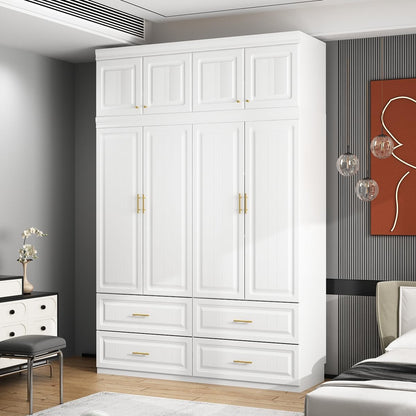 MOUMON 4 Door Wardrobe Closet with Drawers & Shelves, Armoire Closet with Hanging Rod, Wardrobe Cabinet with Gold Metal Handles, Top Cube Storage, White (63”W x 20.6”D x 94.7”H)