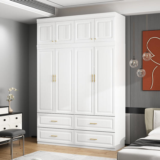 MOUMON 4 Door Wardrobe Closet with Drawers & Shelves, Armoire Closet with Hanging Rod, Wardrobe Cabinet with Gold Metal Handles, Top Cube Storage, White (63”W x 20.6”D x 94.7”H)