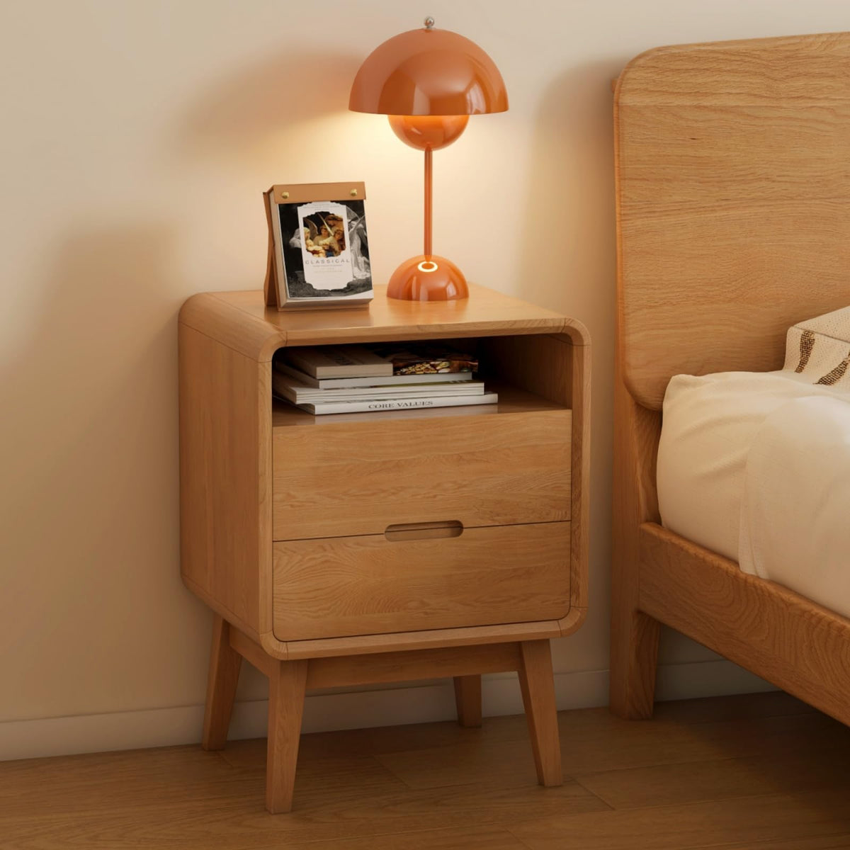Solid Wood Nightstand Set of 2, Mid Century Modern Nightstand with Drawers, Natural Wood Nightstand with Storage, Wooden Night Stand, Small Nightstands, Bedside Table for Bedroom(23.23" H)