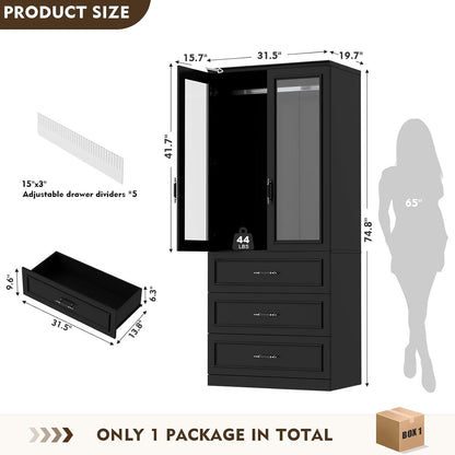MEISSALIVVE Armoire Wardrobe Closet with 2 Door & 3 Drawers, 74.8" Large Wardrobe Cabinet with Hanging Rod, Freestanding Modern Bedroom Armoire Storage Cabinet, Black