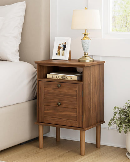 Nightstand, Boho Night Stand with 1 Drawer, Modern Side Accent Table with Open Shelf, Wooden Top Bedside End Table for Bedroom, Living Room, Walnut