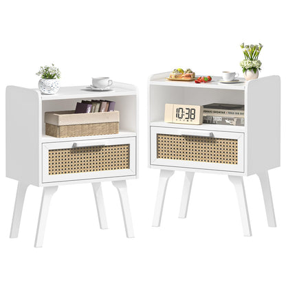 Lerliuo Rattan Nightstand, Boho Side Table with Drawer Open Shelf