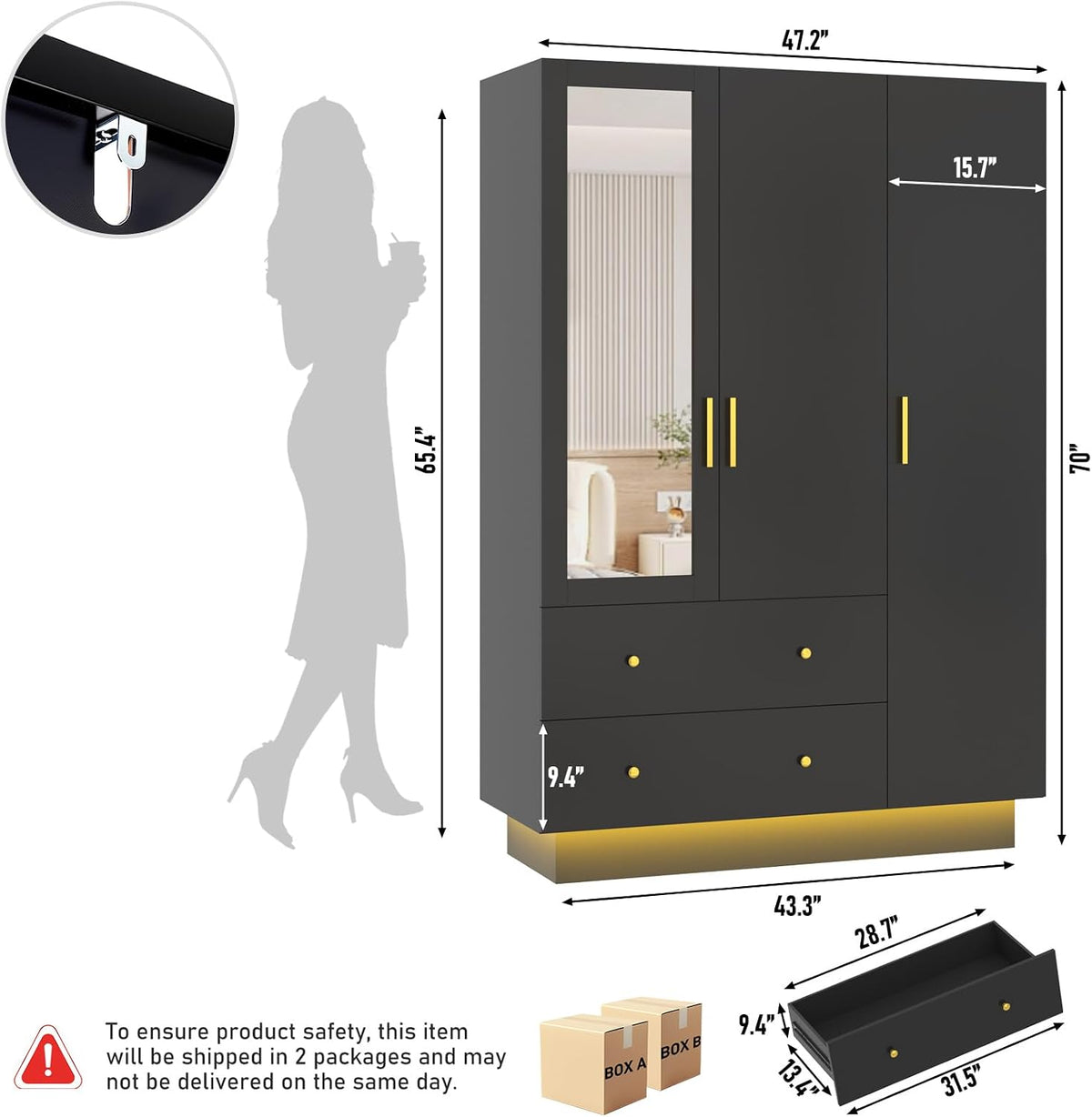 jiteentarou 3 Door Wardrobe Closet with Mirror and LED Lights, Bedroom Armoire with Drawers Shelves, Modern Wooden Armoire Wardrobe Closet with Hanging Rod for Bedroom, Black