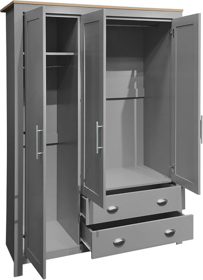 3 Doors Armoire Wardrobe Closet with 2 Drawers, 67.9" H Wooden Closet Wardrobe Cabinet with 2 Hanging Rods and Shelves, Freestanding Clothes Storage Cabinet for Bedroom, Gray