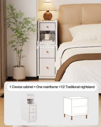 Solid Wood Narrow Nightstand with 3 Drawers,Modern White,Fully Assembled