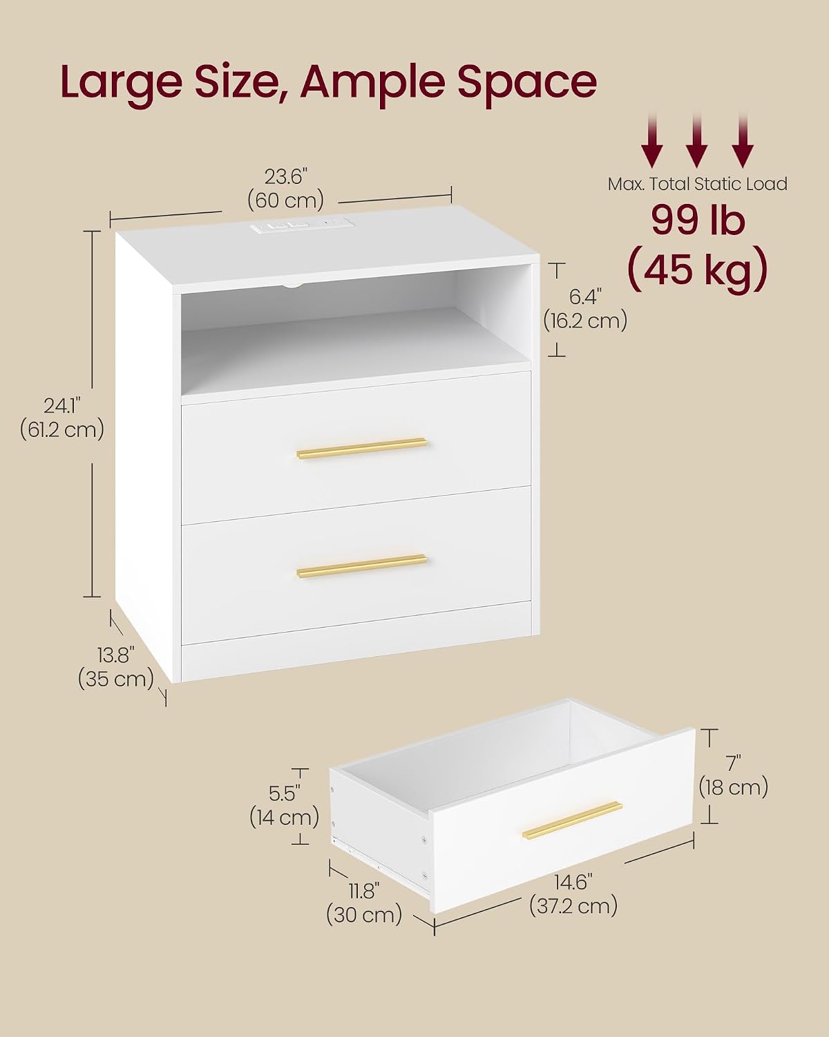 VASAGLE 23.6 Nightstands, LED Lights, Charging Station, 2 Drawers