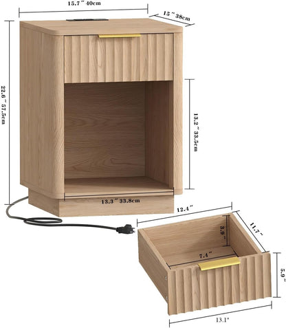 Akxomel Fluted Nightstand Set 2 Bedside Table with Charging Station Oak