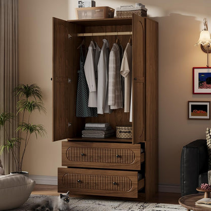 TOKSOM 2 Doors Freestanding Armoire Wardrobe Closet, 68.8" Wardrobe Armoire Wooden Closet Large Capacity Storage with 2 Drawers & 1 Hanging Rod Shelf Clothes Organizer Walnut 1PC
