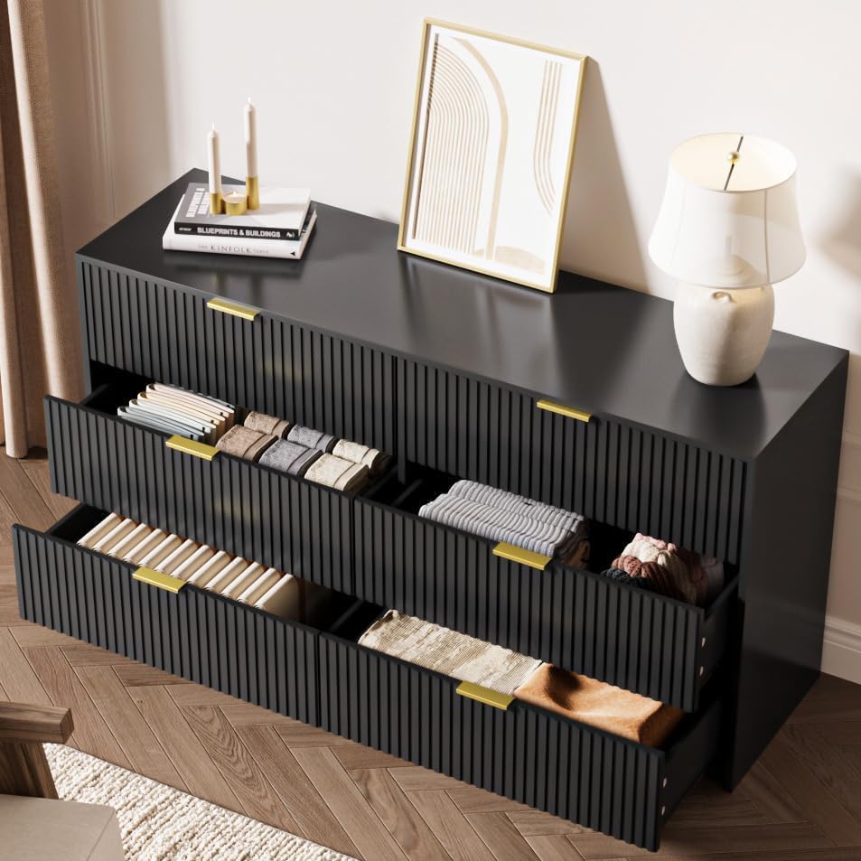 MAISONARIA 55" Wide Fluted 6-Drawer Double Dresser for Bedroom, Black