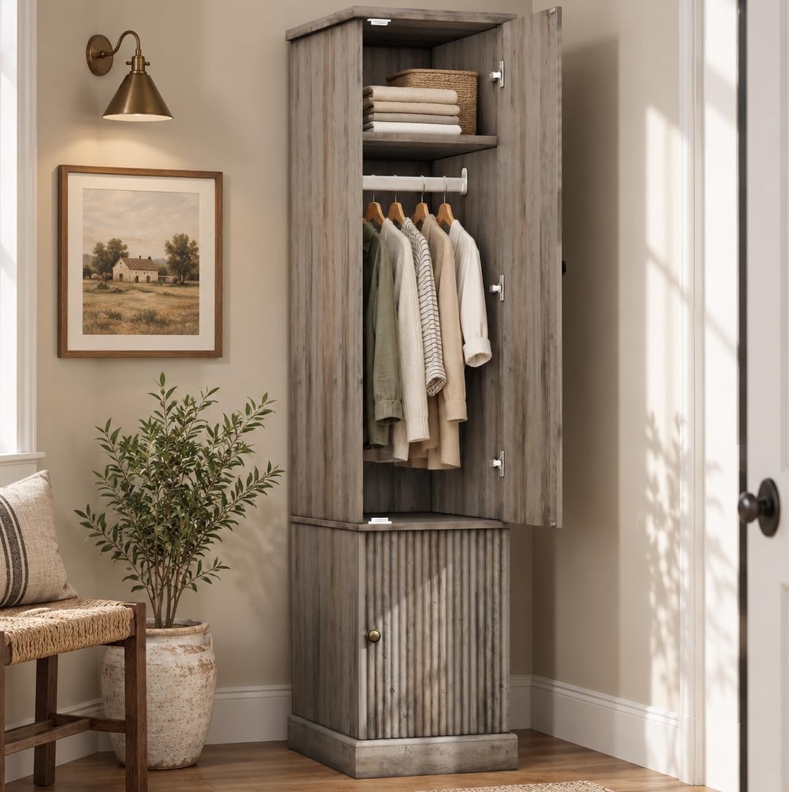 Garvee 72" Tall Armoire Wardrobe Closet, Fluted Wood, Narrow, Retro Brown