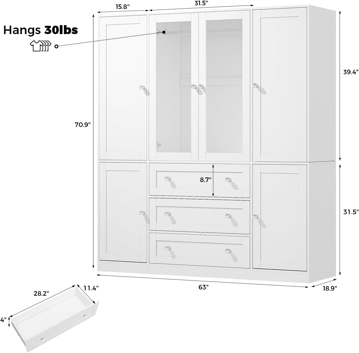 VOWNER 71" H Armoire Wardrobe Closet with Motion Sensor LED Light