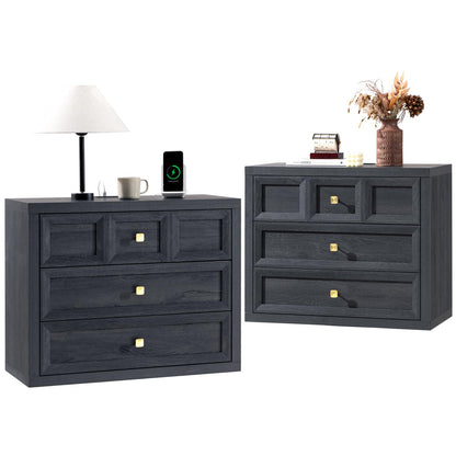 Nightstand Set of 2 W/Charging Station, 30.7" W King Size Bedside Table with 3 Drawers, Accent End Table W/Large Storage, Modern Wood Side Table for Bedroom,Office, Beige
