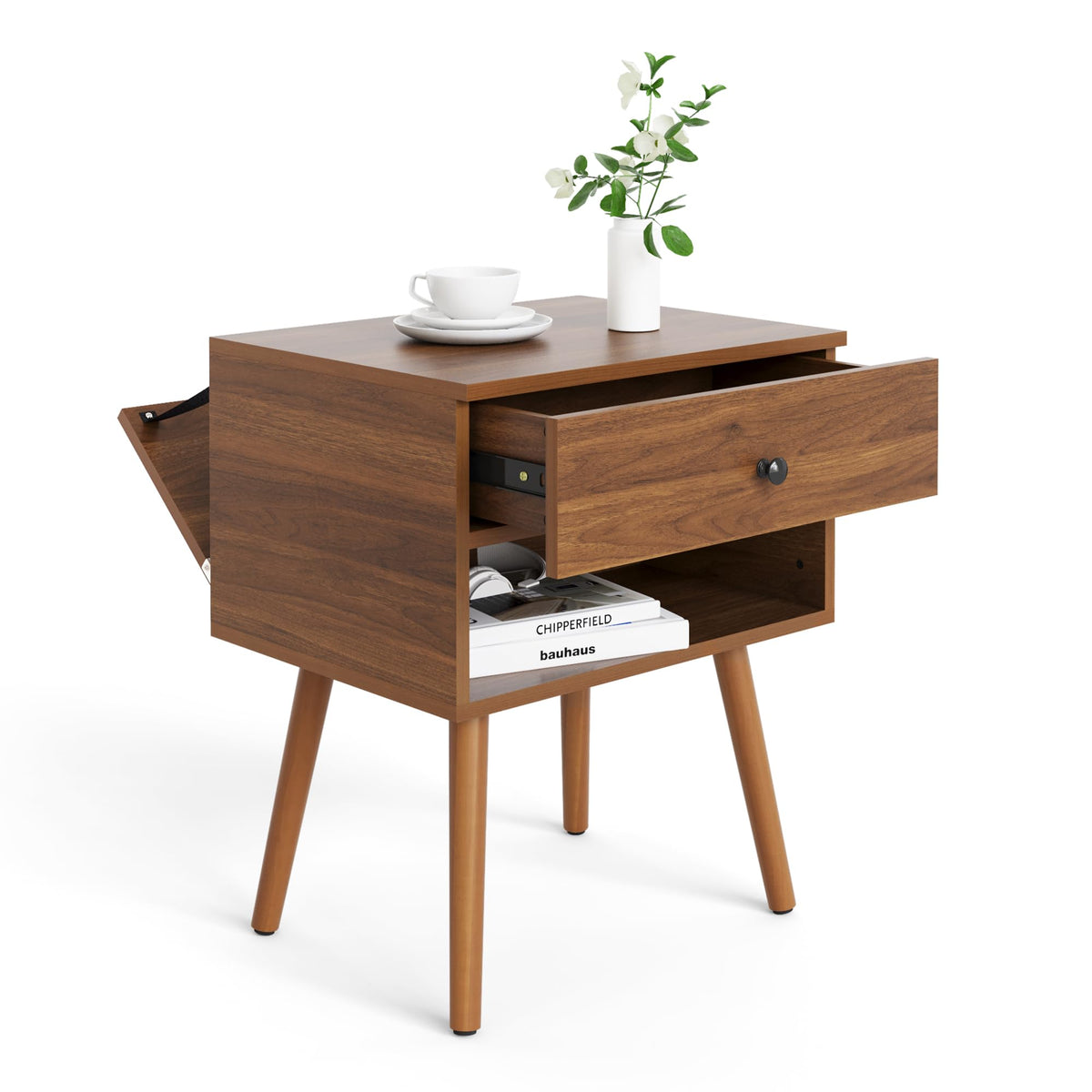 Hidden Compartment Night Stand Set 2, Mid Century Modern Concealment Furniture, End Table with Storage Drawer, Bedside Table with Wood Legs for Bedroom (2,Walnut)