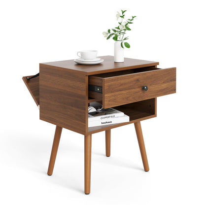 Hidden Compartment Night Stand Set 2, Mid Century Modern Concealment Furniture, End Table with Storage Drawer, Bedside Table with Wood Legs for Bedroom (2,Walnut)