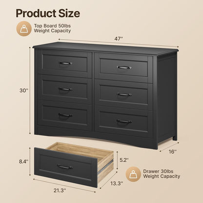 Gizoon 47" 6 Drawer Dresser, Black Wide Chest of Drawers for Bedroom