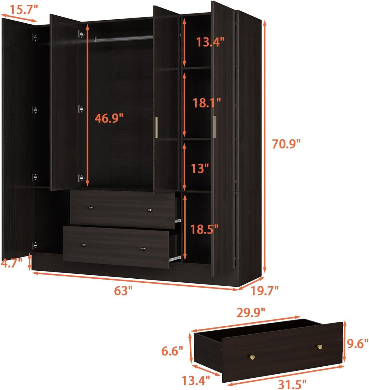 AGOTENI Large Bedroom Wardrobe Closet with 1 Mirror & 2 Drawers, 70.9" H Tall Armoire Clothes Closet with Doors and Shelves, Hanging Rod, Dark Brown