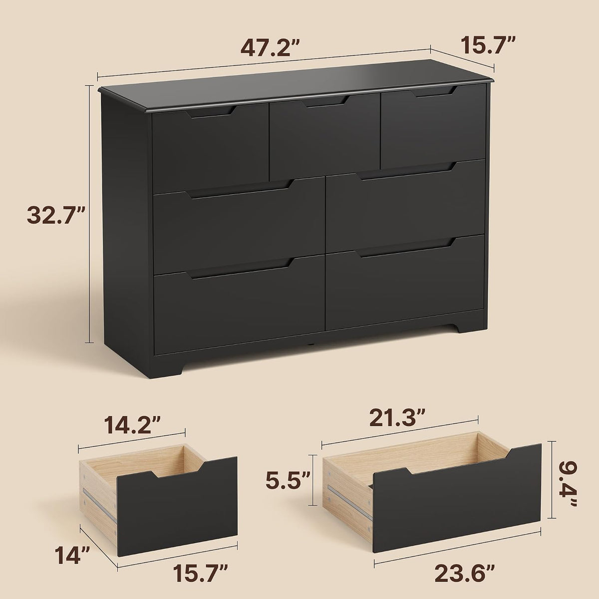 Gizoon 7 Drawer Dresser, 48” Wide Wood Dresser for Bedroom, Black