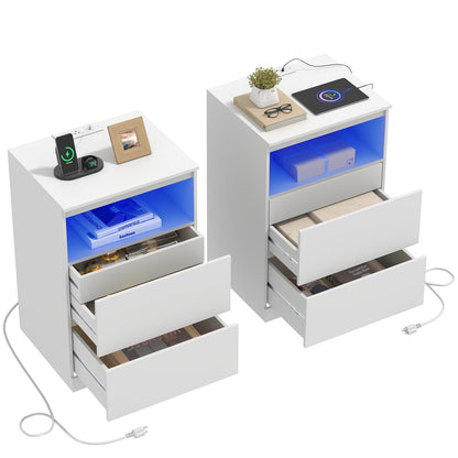 Nightstands Set of 2 with Charging Station, LED Lights and Drawer, Black