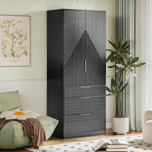 TOKSOM 70" Wardrobe Armoire Wooden Closet with 2 Doors and 3 Drawers, Bedroom Armoire with Hanging Rod Shelf, Large Capacity Storage Wardrobe Armoire, Freestanding Wooden Closet Storage Cabinet Black
