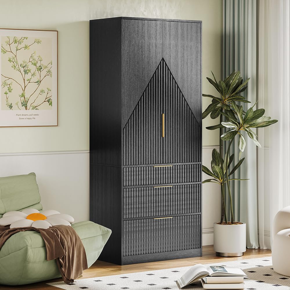 TOKSOM 70" Wardrobe Armoire Wooden Closet with 2 Doors and 3 Drawers, Bedroom Armoire with Hanging Rod Shelf, Large Capacity Storage Wardrobe Armoire, Freestanding Wooden Closet Storage Cabinet Black