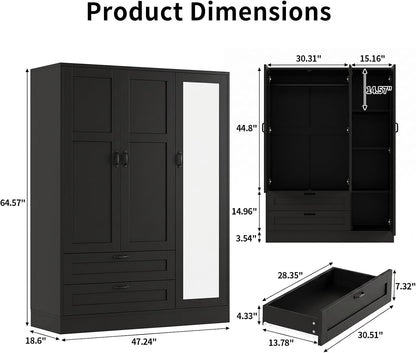 5-in-1 Narrow Armoire Wardrobe Closet, Freestanding Tall Closet with Full Length Mirror, Adjustable Shelf, 2 Drawers & Hanging Rod, Wooden Storage Cabinet for Bedroom Dorm, Black