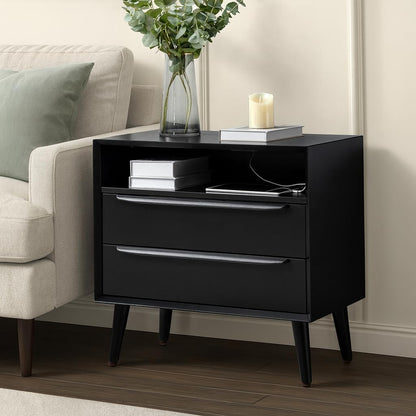 HULALA HOME End Table with Charging Station, 2 Drawers, Set of 2, Acorn