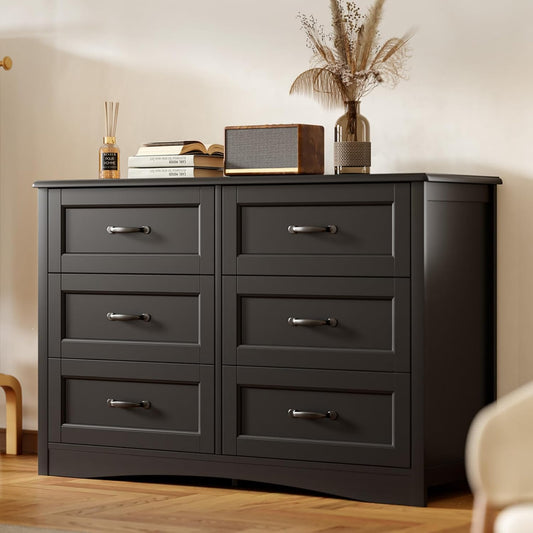 Gizoon 47" 6 Drawer Dresser, Black Wide Chest of Drawers for Bedroom