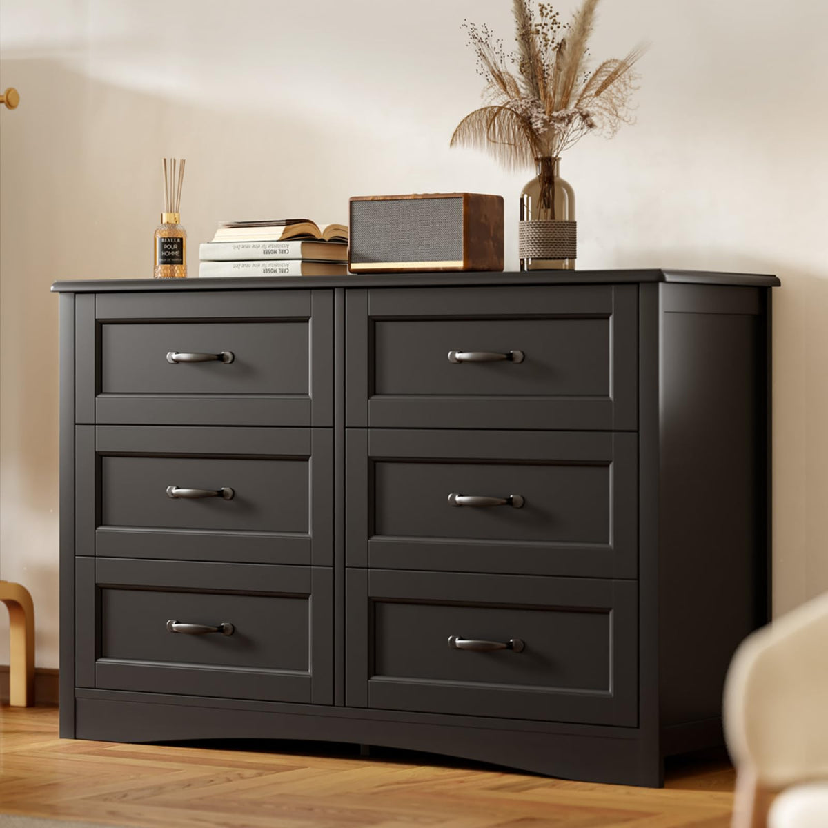 Gizoon 47" 6 Drawer Dresser, Black Wide Chest of Drawers for Bedroom