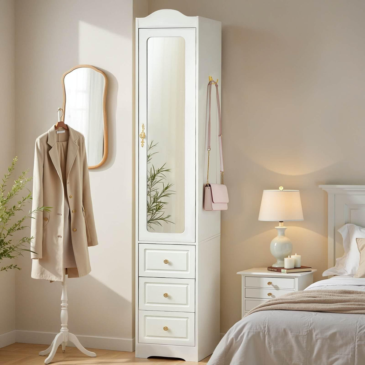 Armoire Wardrobe Closet, Green Bedroom Armoires Cabinet with Mirror Door and 6 Drawers, 69.5" H Wood Clothing Storage Cabinet with Hanging Rod & Sensor Light for Bedroom-(Left+Right)