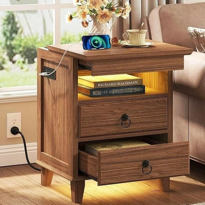 Yusong LED Night Stand with Gun Drawer, Bedside Table with Charging Station, Sofa Couch End Side Table with with 2 Drawers ＆Open Shelf for Bedroom, Brown
