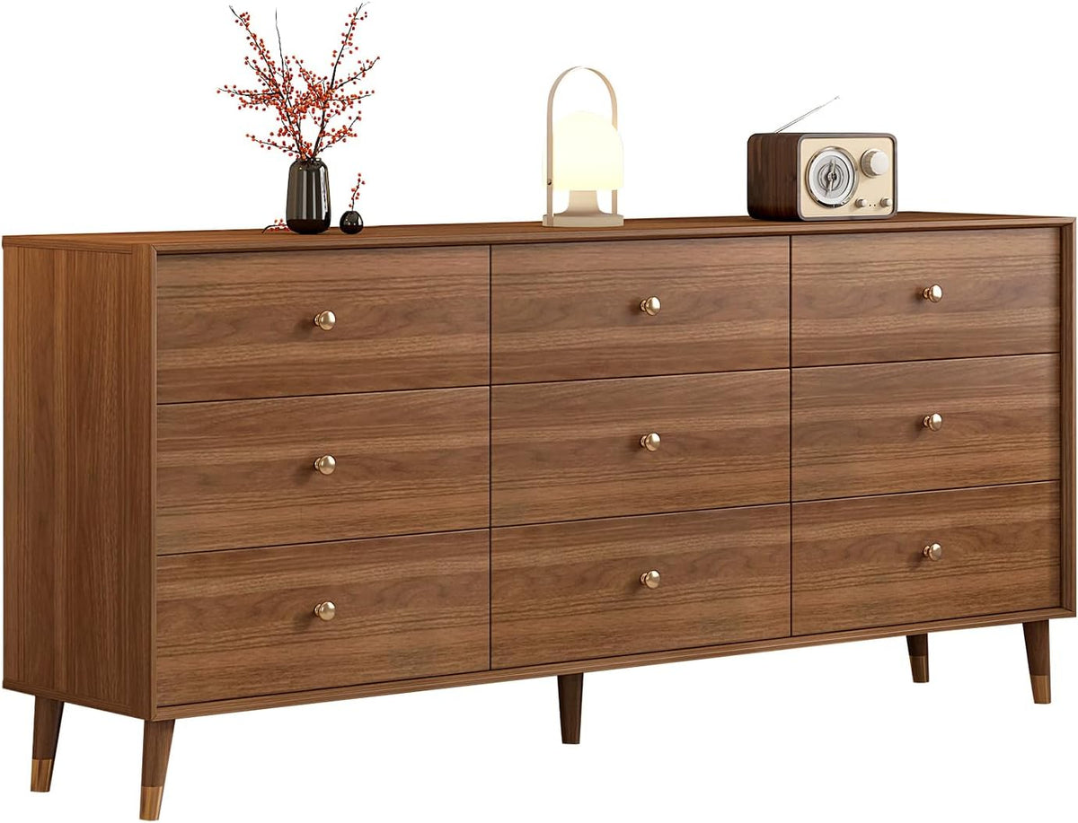 Mid Century Modern 9-Drawer Dresser, 63 Inch Solid Wood Frame Chest, Walnut