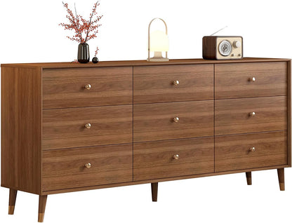 Mid Century Modern 9-Drawer Dresser, 63 Inch Solid Wood Frame Chest, Walnut