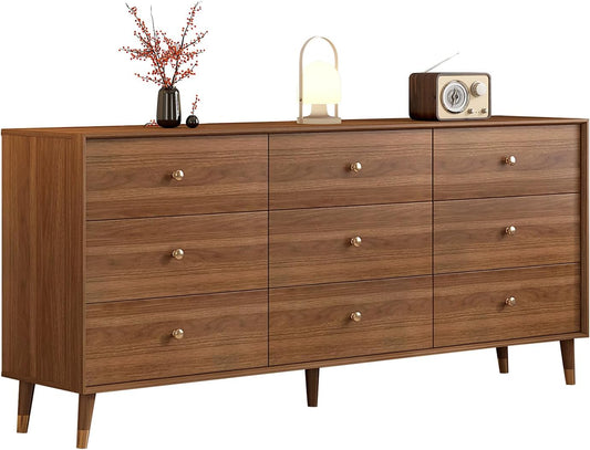 Mid Century Modern 9-Drawer Dresser, 63 Inch Solid Wood Frame Chest, Walnut