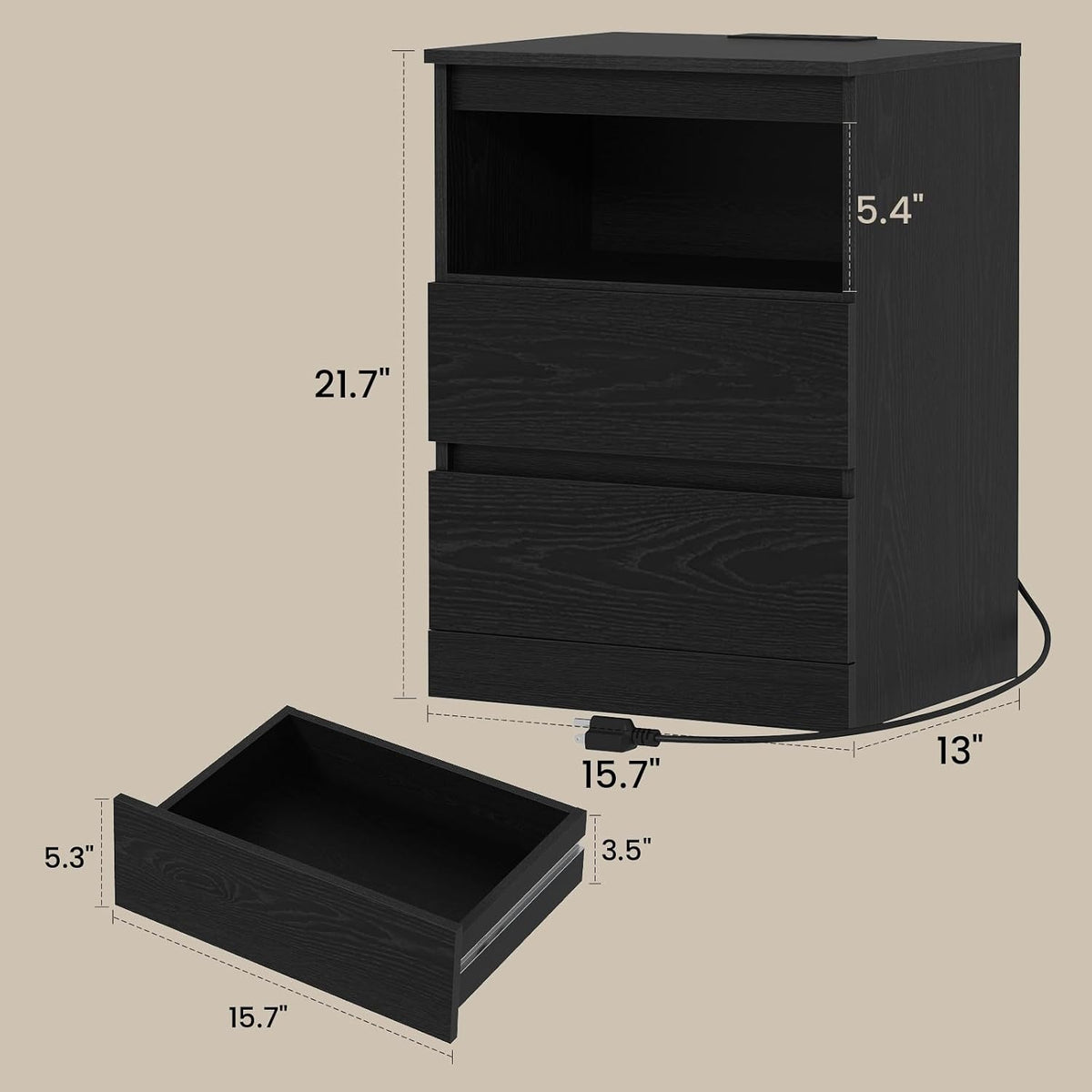 Nightstands Set of 2 with Charging Station, LED Lights and Drawer, Black