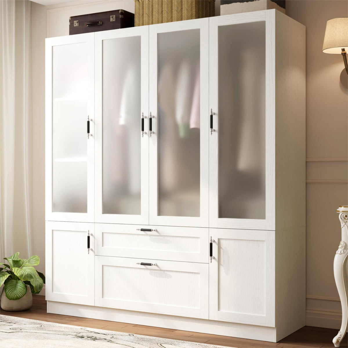 MEISSALIVVE 6 Door Armoire Wardrobe Closet with Frosted Glass Door, 70.9''H Clothing Storage Cabinet with Hanging Rod & 2 Drawers, Adjustable Shelves, Clothes Wardrobe Armoire for Bedroom, Wood Grain