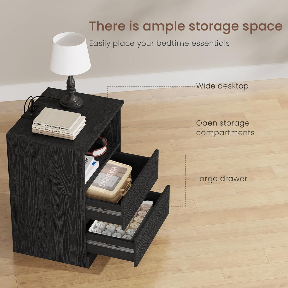 Nightstands Set of 2 with Charging Station, LED Lights and Drawer, Black