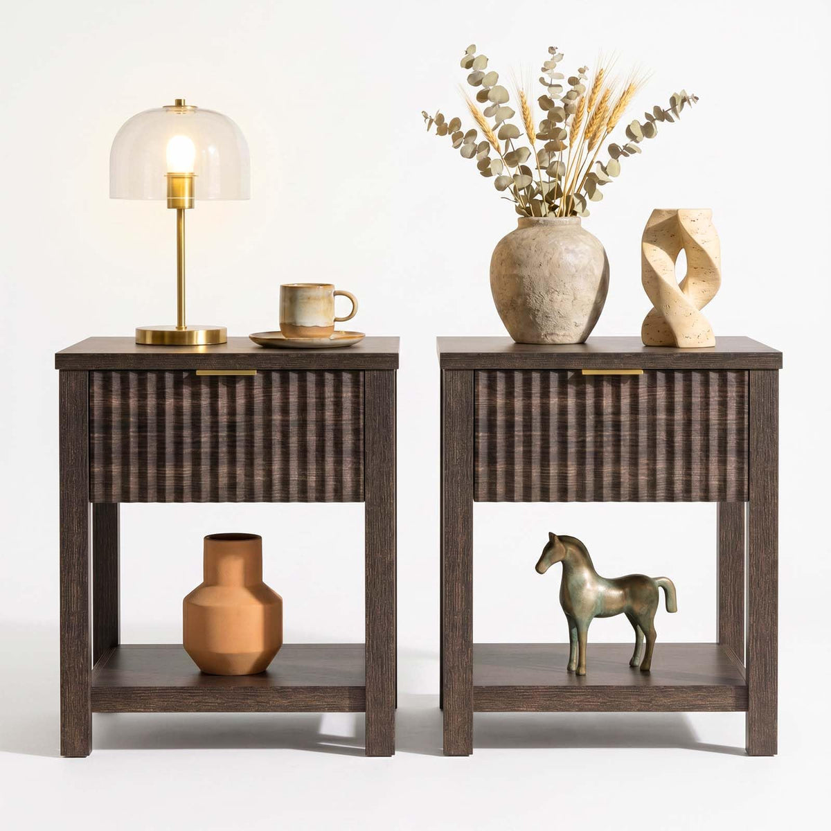 Fluted Nightstand Set of 2 with Faux Marble Top,Natural Oak
