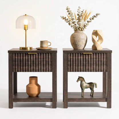 Fluted Nightstand Set of 2 with Faux Marble Top,Natural Oak