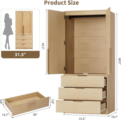 IDEALHOUSE 70" Wardrobe Armoire Wooden Closet with 2 Doors and 3 Drawers, Bedroom Armoire with Hanging Rod Shelf, Large Capacity Storage Wardrobe Armoire, Wooden Storage Cabinet, Art Deco, Natural
