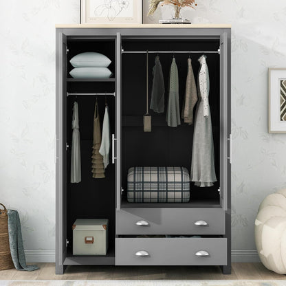 3 Doors Armoire Wardrobe Closet with 2 Drawers, 67.9" H Wooden Closet Wardrobe Cabinet with 2 Hanging Rods and Shelves, Freestanding Clothes Storage Cabinet for Bedroom, Gray