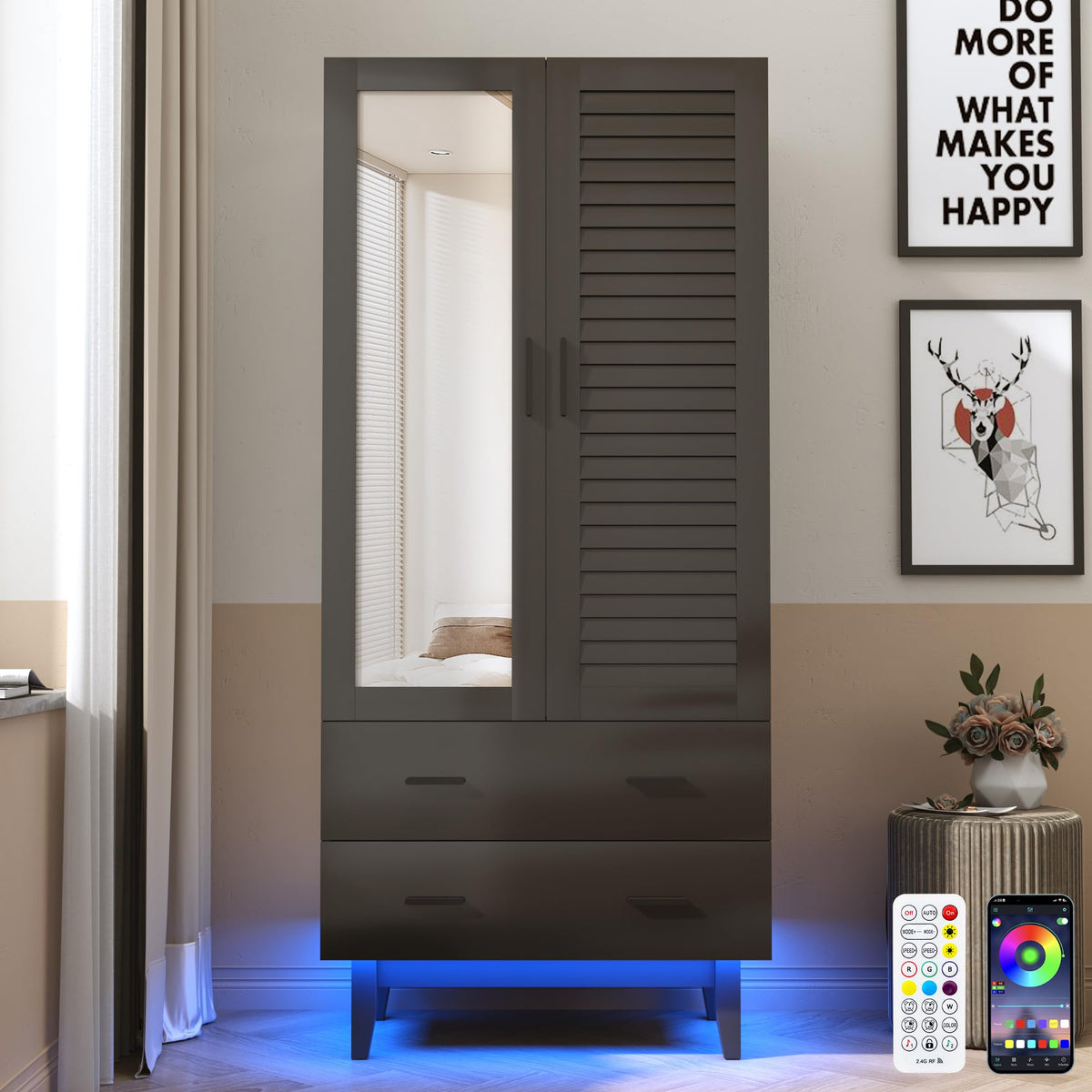 Hlivelood 3 Door Armoire Wardrobe Closet Cabinet with Drawers and LED Lights, Multi-Tier Shelves, Hanging Rod & 3 Louver Doors, Large Capacity Storage Wardrobe Armoire for Bedroom, White