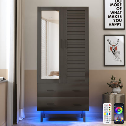 Hlivelood 3 Door Armoire Wardrobe Closet Cabinet with Drawers and LED Lights, Multi-Tier Shelves, Hanging Rod & 3 Louver Doors, Large Capacity Storage Wardrobe Armoire for Bedroom, White