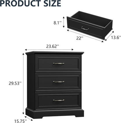Black Nightstand Set of 2,24" Wide End Table with 3 Large Drawers & Metal Handles,Rustic Farmhouse Wood Small Dresser,Bedside Table,Modern Chest of Drawers for Bedroom,Living Room