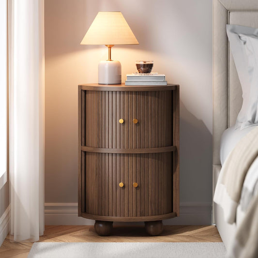 17.76''W Fluted Nightstand with 2 Sliding Doors, 2-Tier Storage, Walnut