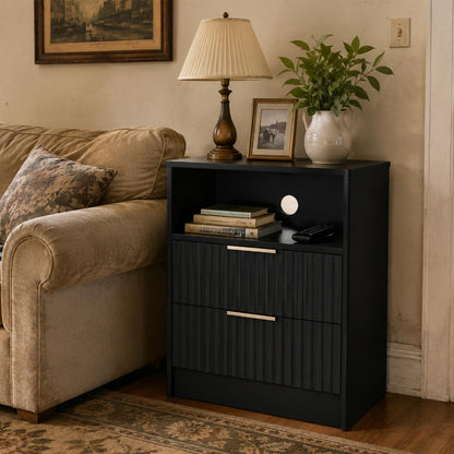 Nightstands Set of 2, Fluted Nightstand with 2 Drawers, Black & Narrow